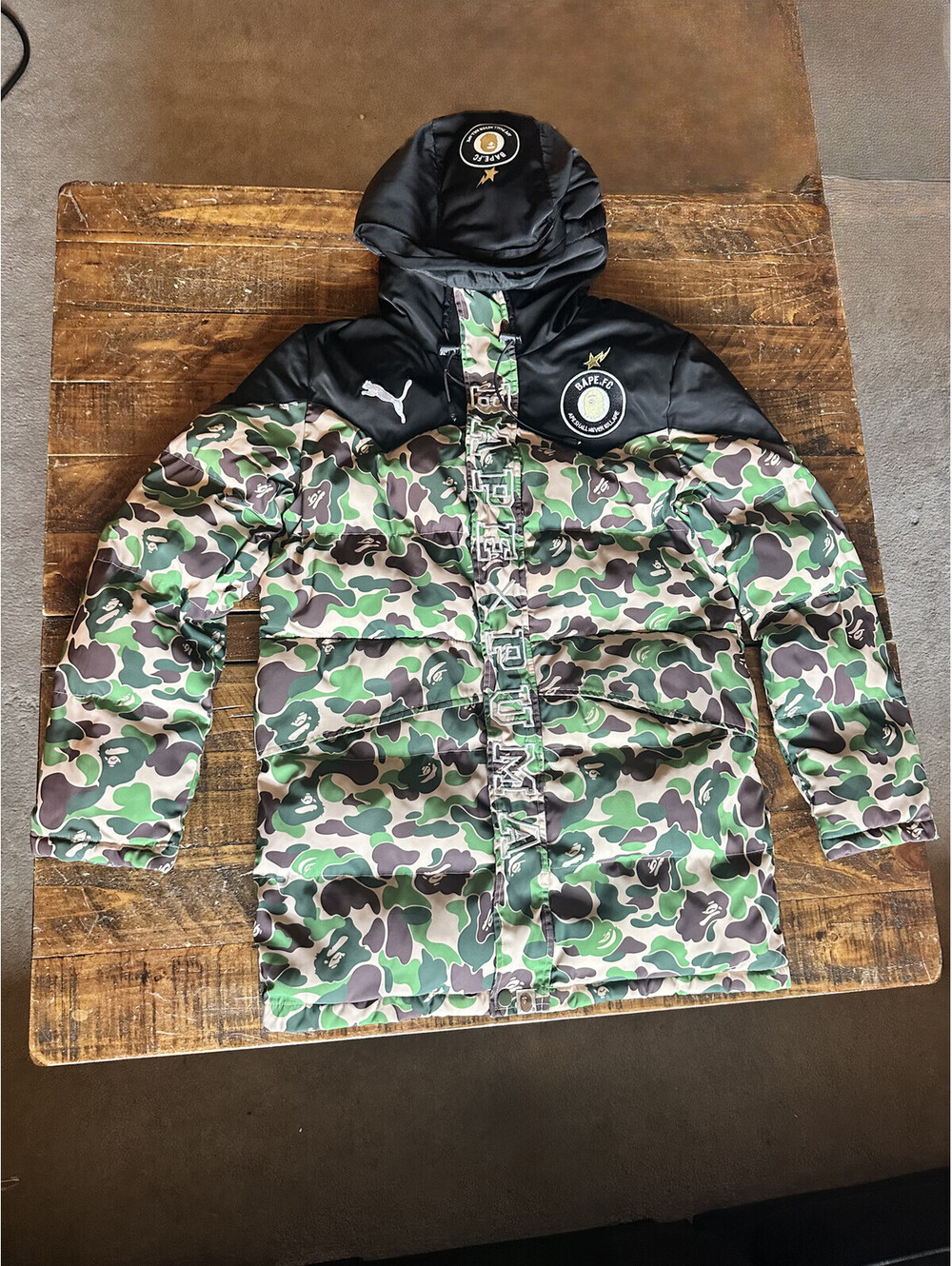 BAPE × PUMA Long Hoodie Down Jacket Camo A Bathing Ape Sz S